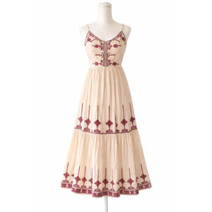 Idyllwind Cream Red Embroidered Bead Boho Maxi Dress Cream Western Festival Sz S